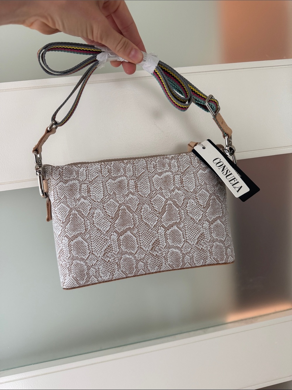 Consuela Midtown Clay Beige Snake-Print Crossbody with Multicolor Strap